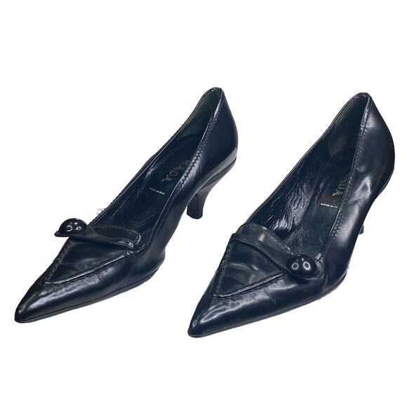 Prada Women’s Black Leather Pointed Toe Kitten Heel Size 37.5 US 7.5 - Picture 6 of 14
